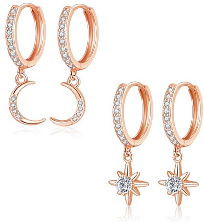 Loutade Silver Drop Hoop Earrings for Women, 2 Pairs 925 Sterling Silver Moon Star Dangle Hoop Earrings Set, Dainty CZ Drop Huggie Cartilage Rose Gold Sleeper Hoops Earrings with Moon Star Dangling