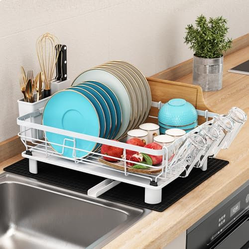 MAJALiS Escurridor de Platos, Escurreplatos con Tablero de Drenaje, Portavasos y Alfombrilla de Drenaje, Escurreplatos Acero Inoxidable para Encimera de Cocina, Blanco