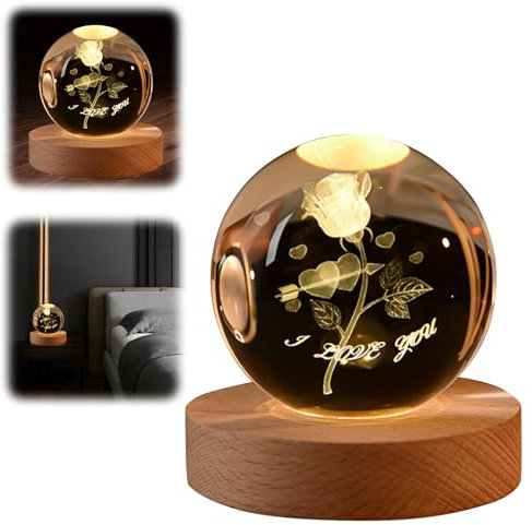 Qivine 3D Rosa Bola de Cristal, Rosa Eterna Bolas de Nieve, Rosa en una Cúpula de Cristal con Luz Led Base de Madera, 7 Tipos de Luces, Regalos para Mujeres Cumpleaños Valentín Aniversario, 8 * 8cm
