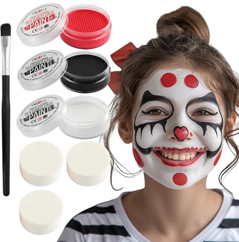 Festicy Maquillaje Profesional I Pintura Cara niños 3 Colores (Negro, Rojo, Blanco) I 20g por Color, Incluye 3 esponjas y 1 Pincel I Maquillaje de Halloween, Carnaval y Body Painting, Vampiro