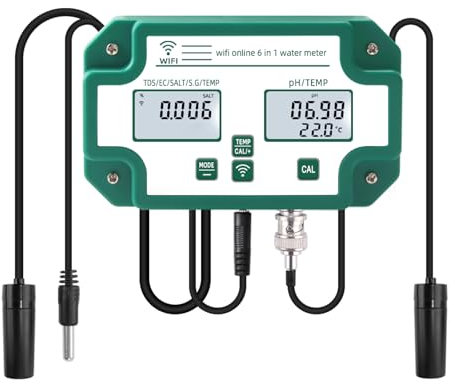 YIYEGO 6-in-1 pH-Monitor Salz Temperatur S.G TDS EC Wasserqualität Tester, kontinuierliche Überwachung pH-Tester PPM Meter für Aquarien, Hydroponik, Pools Tank