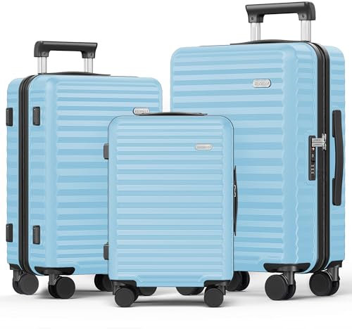 SHOWKOO Kofferset 3 Teilig Hartschale Erweiterbar 100% PC Leicht Haltbar Reisekoffer mit Rollen Trolley Handgepäck & TSA Schloss (M L XL -Himmel Blau)