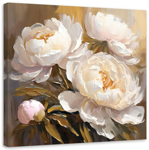 Feeby Bild auf Leinwand - Wandbilder Wohnzimmer Aesthetic - Pfingstrosen Blumen wie gemalt - 50x50 1tlg - Schlafzimmer Wandekoration - Bilder Zimmer - Living Room - Deko Wandbilder - Moderne Bild