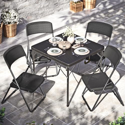 URBN GARDEN 80cm Black Square Rattan Folding Table with 4 Folding Chairs Set Outdoor Garden Furniture for Patio, Deck, and Balcony Use