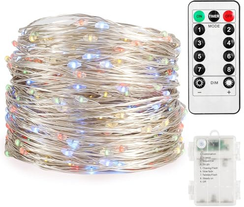 Twinkle Star Multi Coloured Fairy Lights Battery Operated, 30m 300 LED RGB Copper Wire String Lights with Remote/Timer/8 Modes, Waterproof Indoor Outdoor Christmas Lights for Xmas Decorations