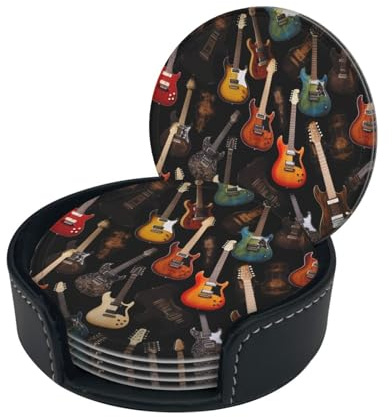 Stilvolle Untersetzer – Gitarren, 6er-Set, runde Getränkeuntersetzer aus Leder mit Halter, perfekte Größe für Tassen und Gläser, 10555