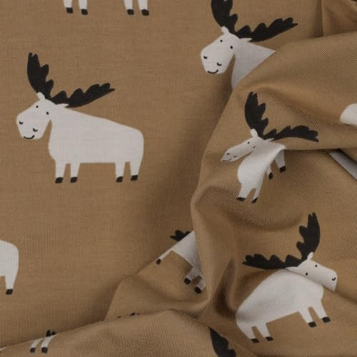 Stoff Meterware Kinderstoff Jerseystoff - 1 Meter, Jersey, Nähen, Kinder, Baby, Jungen, Mädchen, Bekleidung, Shirt (Süße Elche Camel Braun)
