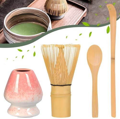 Gypie Matcha-Set-Zubehör- 4 teiliges,Japanisches Matcha Set Ohne Pulver,Matcha-Starter-Set,Macha Tea Set mit Matcha-Whisk, Matcha-Löffel und Matcha-Besen Halter, Leicht Zu Reinigen (Weiß/Pink)