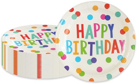 PUEVENYI 50PCS Happy Birthday Party Paper Plates - 7Inch Colorful Dots Birthday Dessert Plates for Cake Salad Fruit Disposable Decoration Supplies for Kids Party, Serve 50