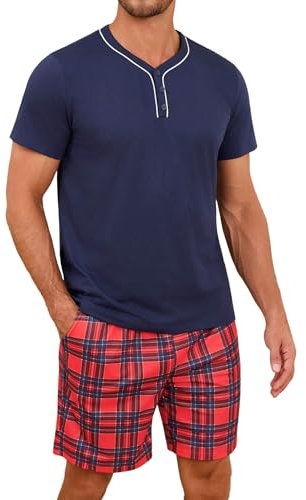 Demegimi Vêtements de Nuit Homme Pyjama Court Ensembles de Pyjama à Col Rond Pyjama Short à Carreaux Été Pijamas