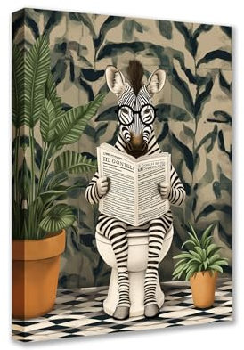 Simple Joyful Zebra on Toilet Canvas Wall Art Animal Read Newspaper Picture 1P Tropical Plant Posters Prints Cute Modern Artwork for Living Room Bedroom Home Decor Framed Gallery-Wrapped Ready to Hang