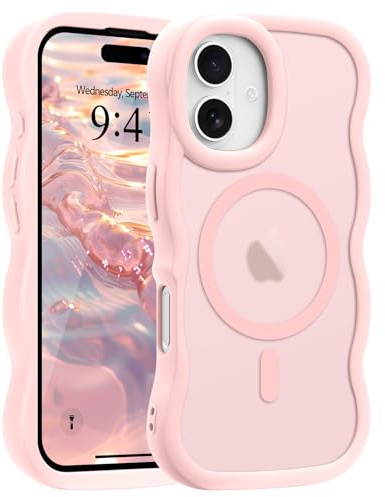Pepmune Magnetic for iPhone 16 Case Translucent Matte Pink | Compatible with Magsafe,Cute Curly Wave Frame Phone Case,Soft TPU Bumper Slim Fit Shockproof Protective Cover for Men-Pink