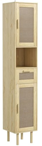 HOMCOM Meuble Salle de Bain, Colonne Rangement Salle de Bain, avec Portes en rotin, étagère Ouverte, tiroir, 2 placards, 32 x 30 x 170 cm, Effet Bois de chêne