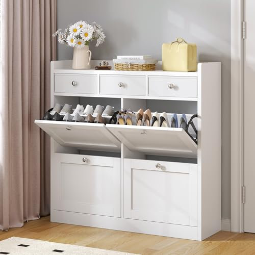 YITAHOME Schuhschrank mit 4 Klappen, Schuhregal Schuhkipper Schmal, Schuhregal mit 8 Ablageflächen Verstellbar, Schuhkommode Schuhschrank mit Schublade 100 x 25 x 85 cm für den Eingang, Flur (Weiß)