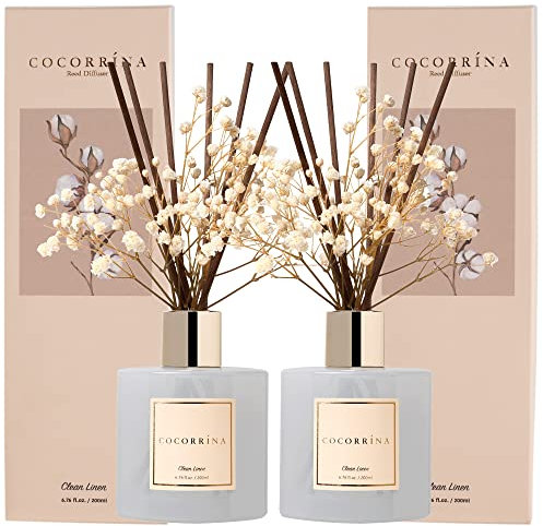 COCORRÍNA Raumduft Reed Diffuser mit 8 Duftstäbchen 200ml, Clean Linen, 2 Pack, Natürlich, Langanhaltend, Home Duft für Badezimmer Regal Dekoration