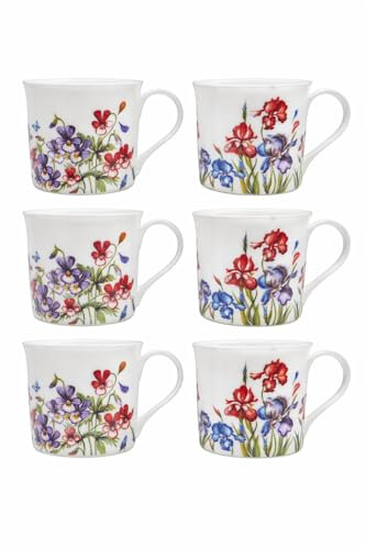 Orchid Fine Bone China Mugs Set of 6, 325ml Floral Tea & Coffee Cups | Set of 6 elegant 325ml fine bone china mugs with Orchid flower design; microwave and dishwasher safe for everyday use.