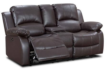 Lovesofas Faux PU Brown Leather 2 Seater Electric Recliner Sofa with a Drop Table Console for Living Room – Electric Sockets USB & Cupholders, Durable PU Fabric, 3 – Position 160 Degree Recline