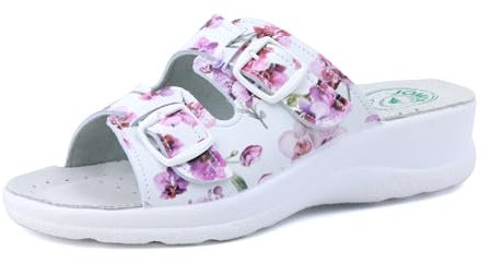 JOMIX Pantofole Donna Ortopediche Estive Ciabatte Fibbia Regolabile con Zeppa Punta Aperta Sandali Plantare Ergonomimco Morbido da Casa per Anziani e Signora ITD1474 Fiore Fucsia 37
