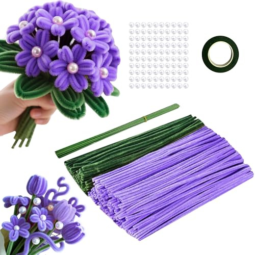 220 Stück Pfeifenputzer zum Basteln Blumen, 2 Farben Pfeifenreiniger Blumen, mit Blumendraht,Perlen für Blumenstrauß DIY Basteln,Bunt Plüschdraht DIY Craft Projekte(Grün,Violett)