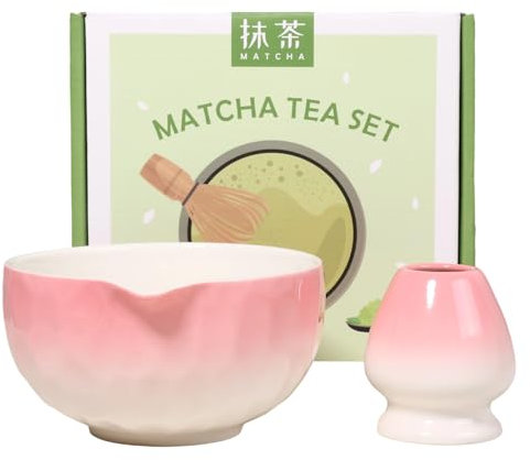 Cuenco de Matcha con vertedor de cerámica de 20 onzas, soporte para Matcha Bowl Chasen, gradiente Chawan, caja de regalo para amantes del té (rosa)