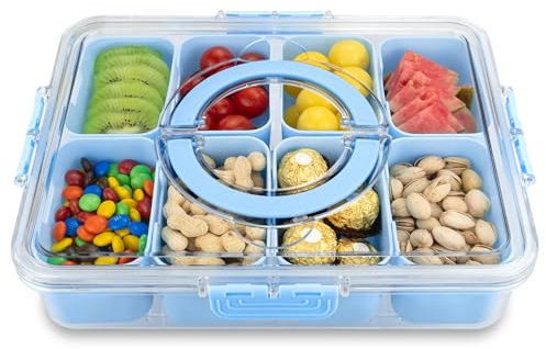 Divided Serving Tray with Lid and Handle,8 Compartments Snacks Box,Snack Fruit Veggie Tray,Portable Platter for Candy Fruits Nuts Snack Party Entertaining Picnic (Blue)