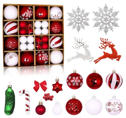 CHWNIBAY 81 Stück Weihnachtskugeln Kunststoff, Christbaumkugeln Weihnachtsbaumkugeln Set, Weihnachtskugeln Rot Weiß, mit Weihnachtsgurke, Schneeflocken,Weihnachtsbaumschmuck,Weihnachtsdeko Außen Innen