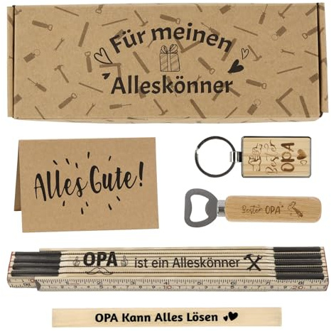 Belillpipi Bester Opa Geschenkset – Zollstock, Bleistift, Schlüsselanhänger, Bieröffner & Grußkarte in Geschenkbox | Opa Geschenke Geburtstag Vatertag Männer | Geschenkidee für Alleskönner