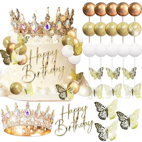 Golden Crown Cake Topper Gold Balls Cake Decor Crown Birthday | Golden Butterfly Sign for Birthday Baby Shower