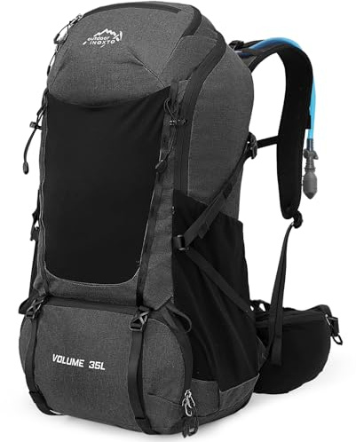 INOXTO Wanderrucksack Herren Damen,35L wasserdichtes leichter Wanderrucksäcke mit 3L Wasserbeutel mit Regenschutz für Bergsteigen, Wandern, Camping, OutdoorSportarten (Schwarz Grau, Standard)