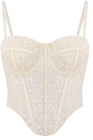 Naimo Damen Pailletten Crop Top Sexy Push Up Korsett Bustier Spaghettiträger Tank Top Cami Party Clubwear