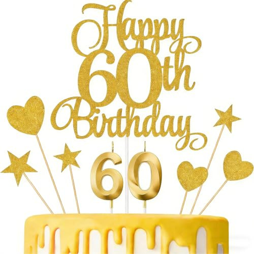 Tourima 60 Geburtstag Deko Gold – Happy Birthday Tortendeko mit Zahl 60, Cake Topper Geburtstag für Mann & Frau, Tortenstecker 60er Geburtstag, Kuchen Deko & Partydekorationen Birthday Decorations