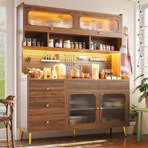 DRIXNO Küchenschrank, Hochschrank mit LED Beleuchtung, Esszimmerschrank mit Schublade, Buffetschrank, Aufbewahrungsregal mit Lochwand, Modernes Sideboard, 145x39x171cm, Walnussfarbe