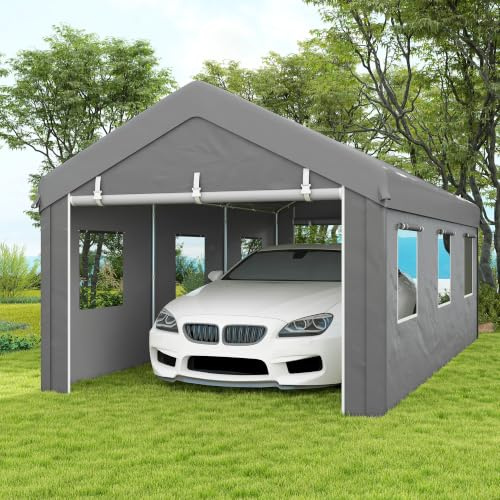 Outsunny Carpa Garaje Portátil 6x3 m Garaje Exterior para Coche Gris Claro | Impermeable, Paredes Laterales Desmontables, 2 Puertas Enrollables, 6 Ventanas, Cobertizo de Almacenamiento Anti-UV