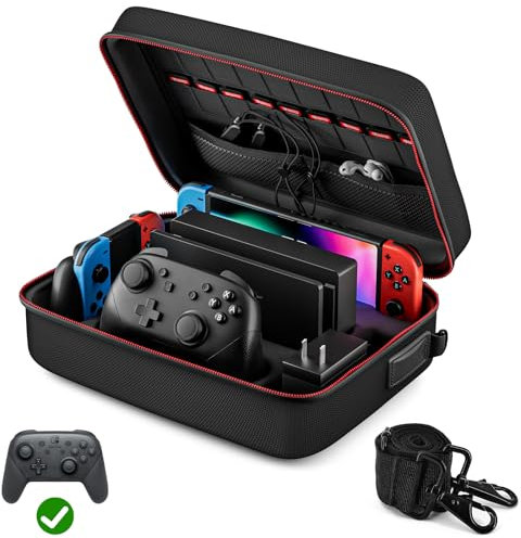 VORI Tasche für Nintendo Switch, Harte Schutztasche für Switch Große Tasche kann mehrere Griffe aufnehmen und Tasche Dock, Tragetasche mit 18 Spielkassetten, Schwarz