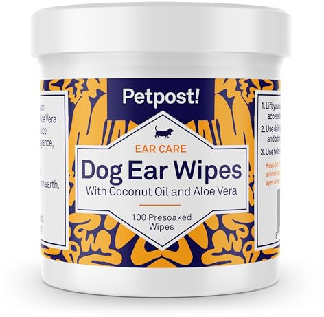 Petpost | Lingettes nettoyantes pour Oreilles de Chiens - 100 compresses Ultra Douces à l'huile de Noix de Coco et Aloe - Remède pour problèmes des Oreilles et acariens