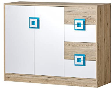 Mirjan24 Kommode Nicola NA08, Griffe Farbauswahl, 4 Schubladen, 2 Türen, Highboard, Sideboard, Mehrzweckschrank für Jugendzimmer (Eiche Hell/Weiß + Türkis)