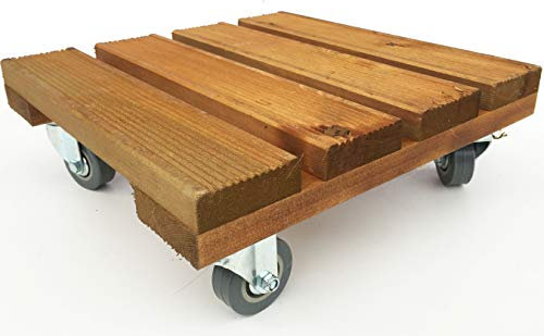 Heavy Duty Wooden Square Tan Plant Pot Stand with Wheels 30cm x 30cm – Wood Flower Pot Mover Caddy Trolley on Casters