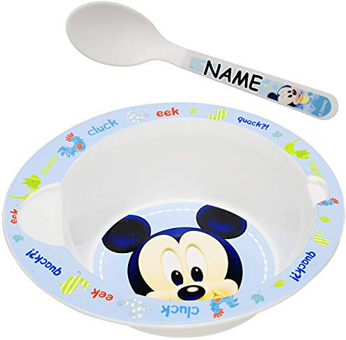 alles-meine.de GmbH 2 TLG. Geschirrset - - Mickey Mouse - BPA frei - inkl. Name - Müslischale/hohe Suppenschüssel + Löffel - Mikrowellengeeignet - Baby & Kindergeschirr Frühstü..