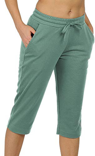 icyzone Damen Jogginghose 3/4 Sporthose Trainingshose Straight Bein Freizeit Hose mit Tasche (L, Blasses grün)