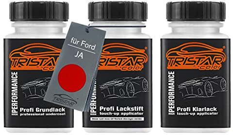 TRISTARcolor Autolack Lackstifte für Ford JA Race Red / Race Rot + Klarlack | Set aus Grundlack + Basislack + Klarlack, Lackfläschchen mit Pinsel, je 50ml
