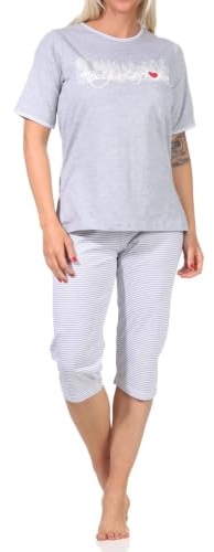 Toller Damen Capri-Schlafanzug mit 3/4-Hose, mit Frontprint 'New York City Loving' 66337, Farbe:grau-Melange, Größe:48-50