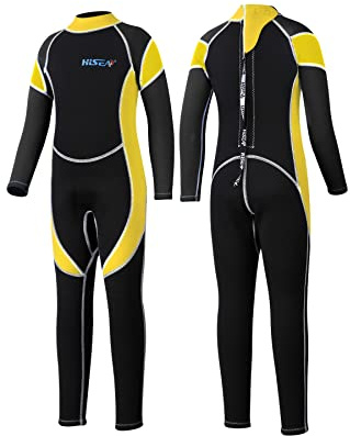 Yikayin Neoprenanzug Kinder Lang, 2.5mm Neoprenanzug Jungen Mädchen Rücken-Reißverschluss, Neopren Kinder Thermo zum Schwimmen, Tauchen, Schnorcheln, Surfen, SUP - Gelb M