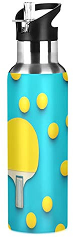 TropicalLife Water Bottle with Straw 600ml Leakproof Hot Water Bottle Yellow Racket Table Tennis Ping-Pong Blue Vacuum Insulated Bottle for Boys Girls Adult Outdoor Sports