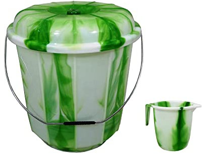 Set of 2- Tiedye Design 25L Litre Extra Large Bucket Bin Lid With 1.5L Plastic Water Jug with Handle and Spout Kitchen Plastic Mugs for Bathroom/Home/Kitchen (Green)