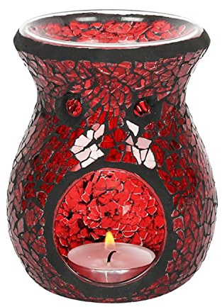 Duftlampe aus Glas mit rotem Craquelé-Glas, klein, glänzend, Mosaik-Wachs-Brenner, einzelnes Teelicht-Kerzenhalter, Aroma-Geschenklampe, beste Freunde, Geschenke für Frauen und Männer