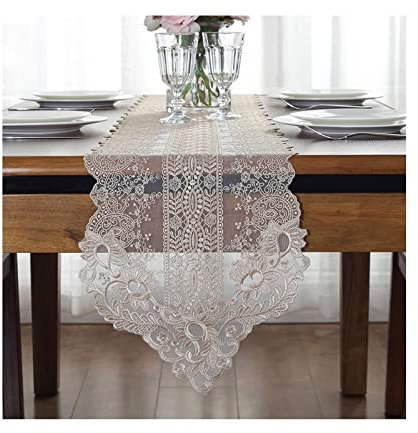 Hoisy Tischläufer Glastisch, Tisch Dekoration Esszimmer Polyester Champagner Dreieckige Spitzenblattblumenstickerei 99X 12