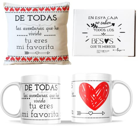 ETKR - Regalos Originales para Parejas - Regalo para Novia - Regalos San Valentin - Pack Taza + Cojín con Relleno - San Valentin - Regalo Pareja, Enamorados, Novia, Novio, Para Hombre, Mujer- Aventura