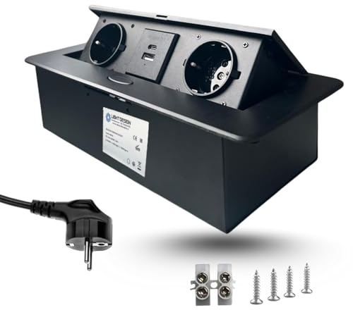 EVOTRADE Multipresa da Incasso a Scomparsa con 2 Prese SCHUKO + 2 Prese USB (A+C), Cavo da 1,5 Metri - Per Scrivania, Ufficio, Sala Riunioni, Piano di Lavoro - Colore Nero