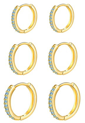 3 Paar Sterling Silber Ohrringe Set Gold für Mädchen, Nickelfrei hypoallergene Creolen mit Blau Zirkonia, Ohrringe Gold Creolen für Damen Braut