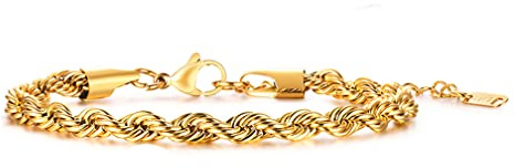 Fashion Month Bracciale a catena in corda intrecciata in acciaio inossidabile da 2/3/4/5 mm, per uomo e donna, lunghezza regolabile in oro 18 carati